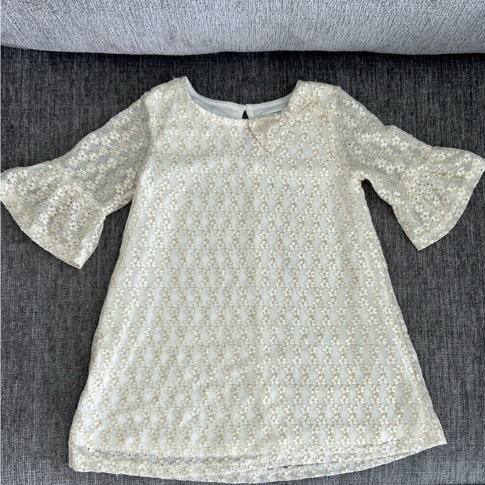 Crown & Ivy 2T Cream Dress with Gold Floral Lace Overlay, Bell Sleeves + Bow